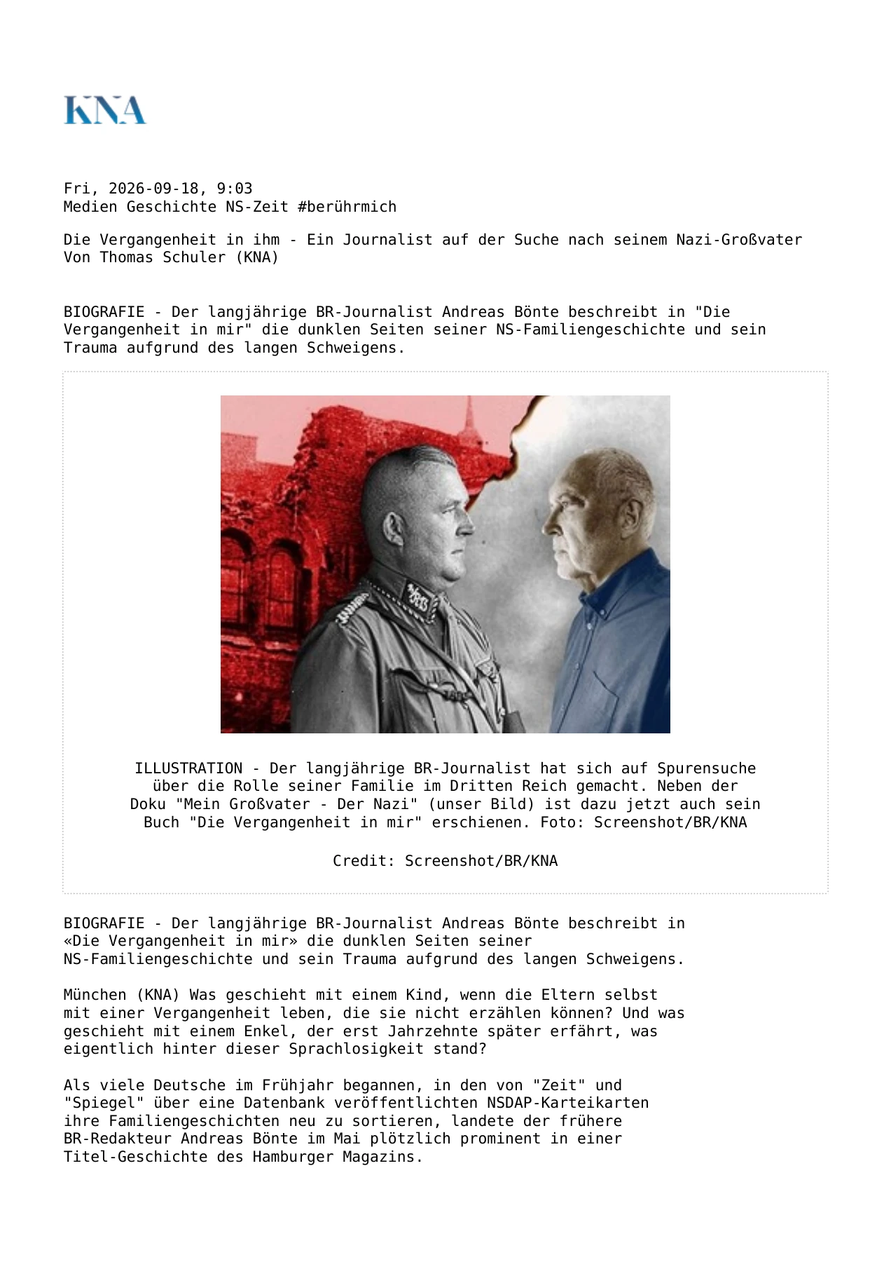 KNA: Die Vergangenheit in ihm, Artikel Seite 1